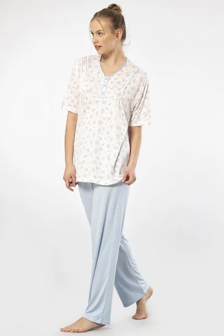 Desenli Düğmeli Kısa Kollu Kadın Pijama Takımı Türen 3369 - Mavi