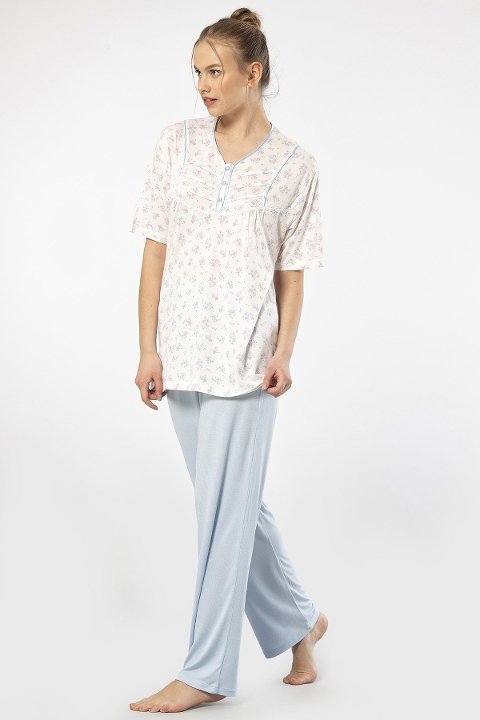 Desenli Düğmeli Kısa Kollu Kadın Pijama Takımı Türen 3369 - Mavi