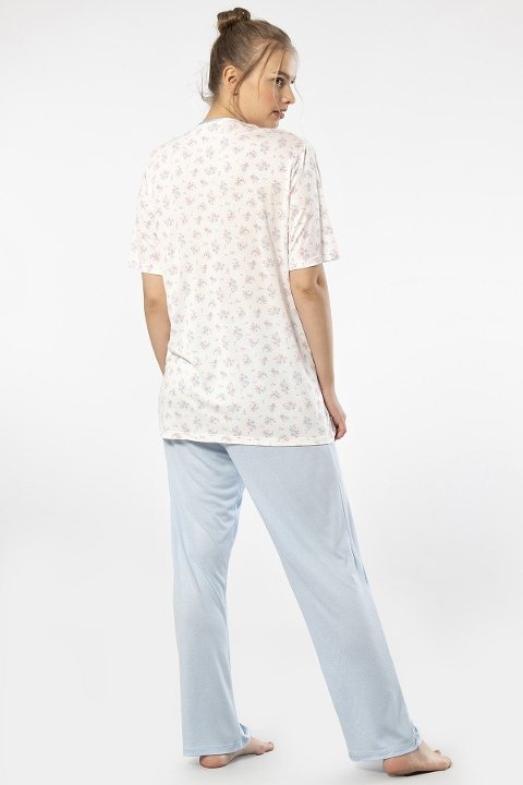 Desenli Düğmeli Kısa Kollu Kadın Pijama Takımı Türen 3369 - Mavi