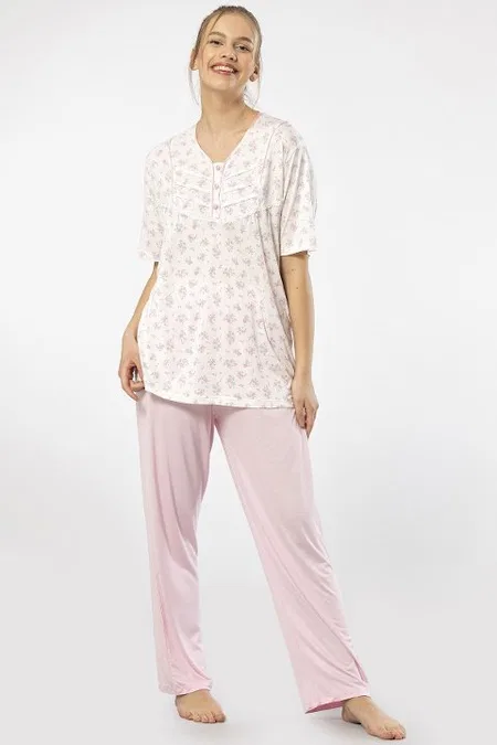 Düğmeli Yaka Kısa Kollu Pijama Takımı Türen 3369 - Pembe