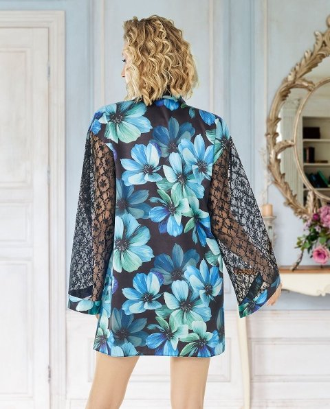 Saten Çiçekli Şortlu Kadın Pijama Takımı For Dreams 1993 - Saks Mavi