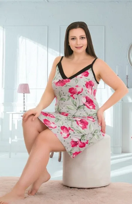 Lady Gri Çiçekli İp Askılı Tunik Gecelik Pamuk Elastan Lady 8726