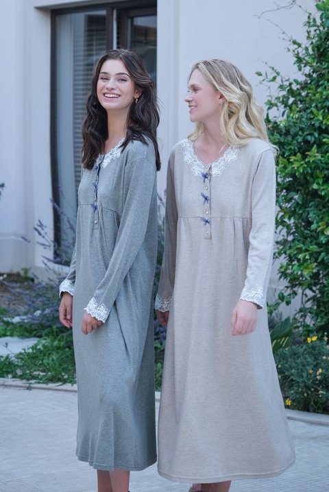 Uzun Kollu Düğmeli Hamile Lohusa Gecelik Bone Club 5517