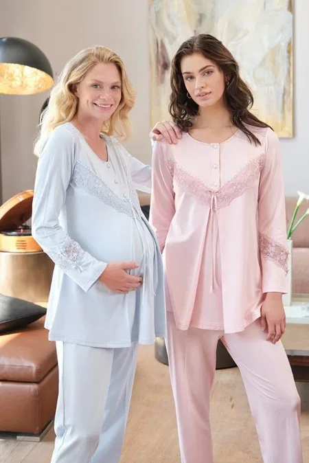 Şardonlu Dantelli Hamile Lohusa Pijama Takımı Bone Club 5535 - Pudra
