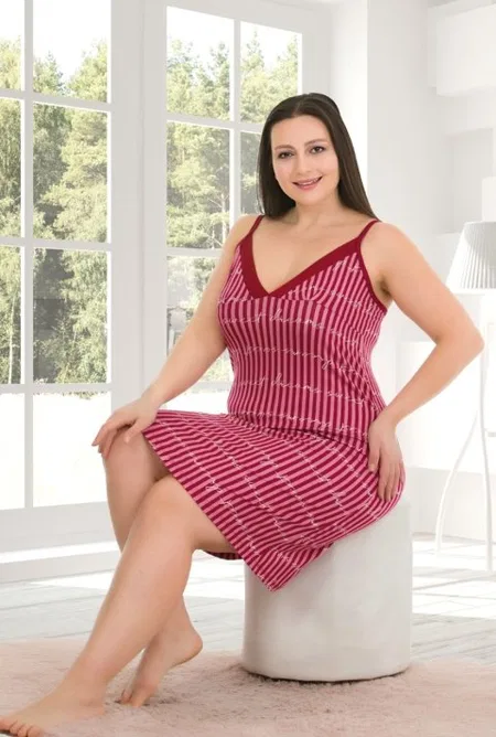 Pamuklu İp Askılı Büyük Beden Gecelik Bordo Lady 8730 - Bordo