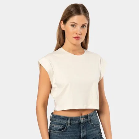 Kısa Kollu Vatka Görünümlü Crop Body Türen 3402 - Krem