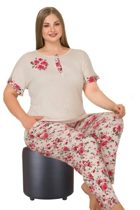 Lady Krem Renk Ve Çiçek Desenli Kısa Kol Büyük Beden Pijama Takımı Lady 10903