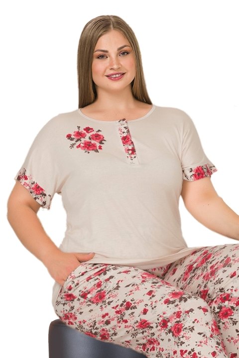 Lady Krem Renk Ve Çiçek Desenli Kısa Kol Büyük Beden Pijama Takımı Lady 10903 - Görsel 3