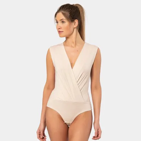 Kruvaze Yaka Çıtçıtlı Kolsuz Body Bej Türen 3502 - Bej