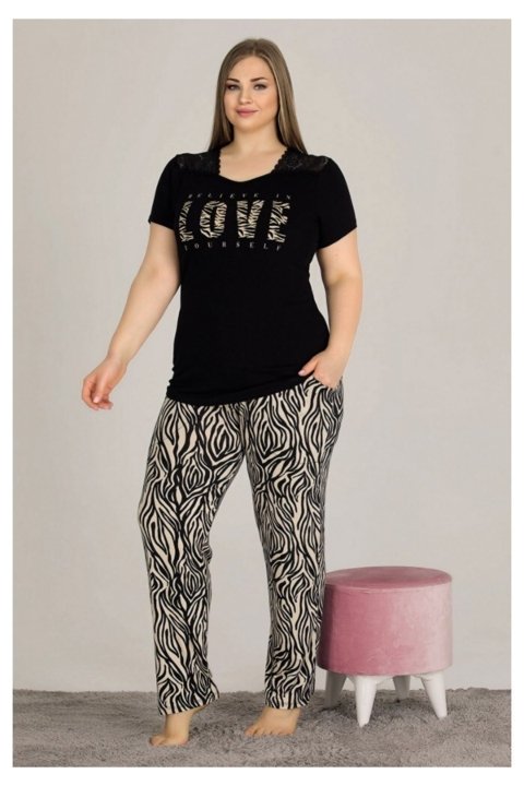 Büyük Beden Kısa Kollu Pijama Takımı Siyah Lady 10807