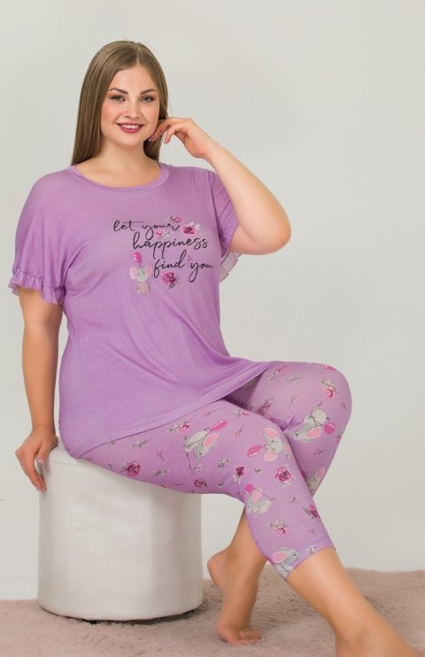 Büyük Beden Lila Kısa Kollu Kapri Pijama Takımı Lady 10643