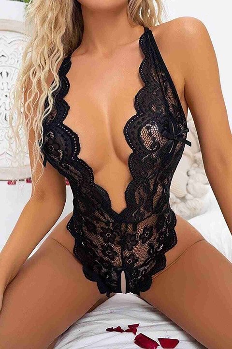 Merry See Dantel Özel Bölgesi Açık Sırt Aksesuarlı Fantezi iç Giyim Siyah - 2
