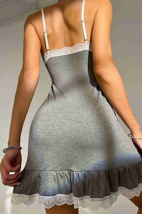 Dantelli İşleme Etek Büzgülü Penye Gecelik Gri Merry See MS2363 - 2