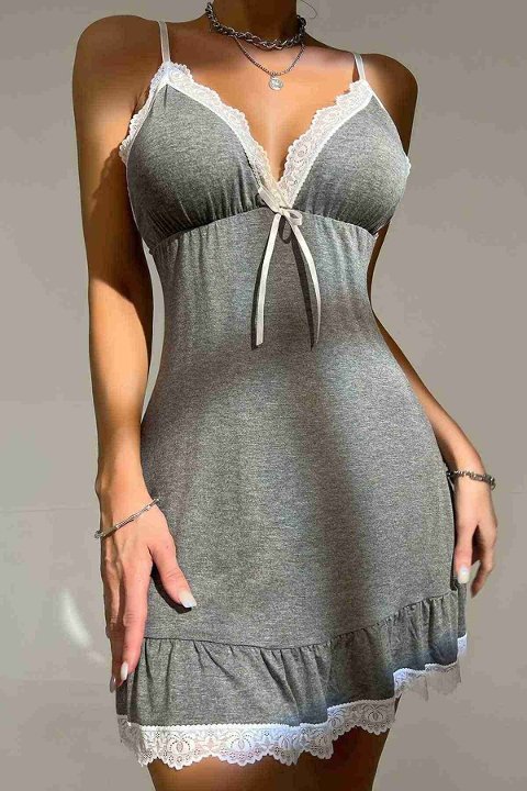 Dantelli İşleme Etek Büzgülü Penye Gecelik Gri Merry See MS2363 - Gri