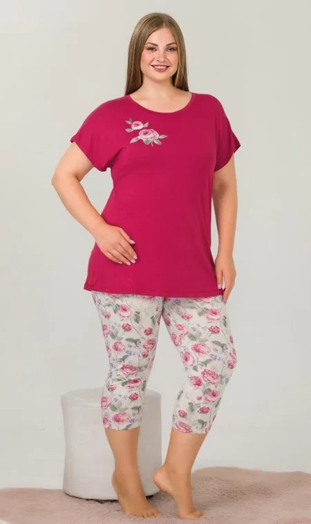 Pamuklu Kapri Pijama Takımı Büyük Beden Lady 10641 - Pembe