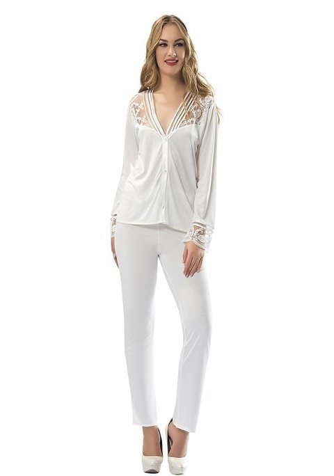 Saten Likralı Ekru Pijama Takımı Sistina 1574