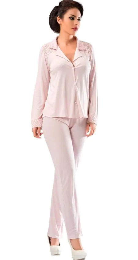 Pudra Saten Likra Pijama Takımı Sistina 1594 - Pudra