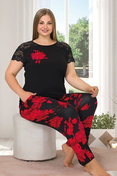Lady Siyah Çiçekli Rahat Kesim Pijama Takımı Lady 10889