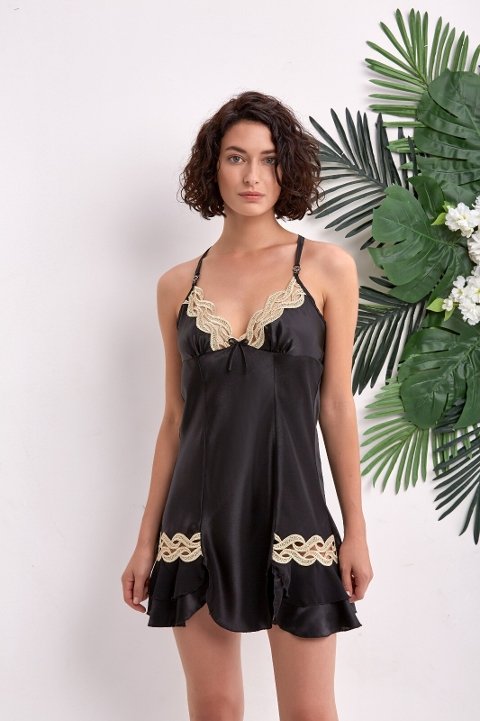 NBB Siyah Gold İşlemeli Askılı Kısa Saten Gecelik NBB 3101