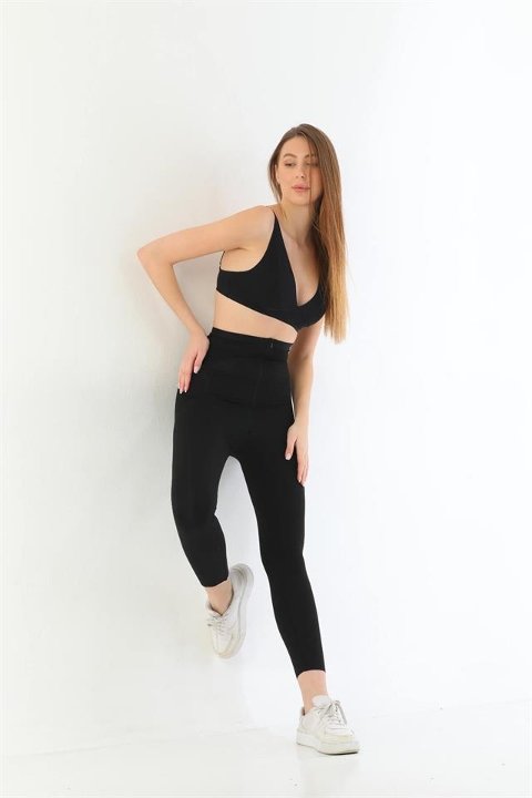 Lazer Kesim Yüksek Bel Siyah Kadın Tayt Emay 2711 - Siyah
