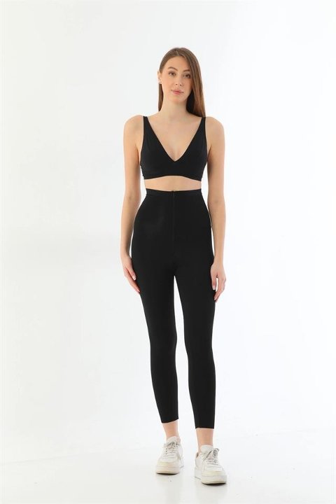 Lazer Kesim Yüksek Bel Siyah Kadın Tayt Emay 2711 - Siyah