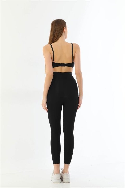 Lazer Kesim Yüksek Bel Siyah Kadın Tayt Emay 2711 - Siyah