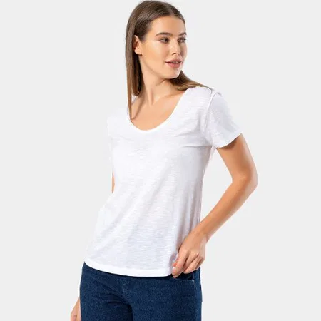 Geniş Yuvarlak Yaka Kısa Kollu Body Pamuk Wtshirt 1234 - Beyaz
