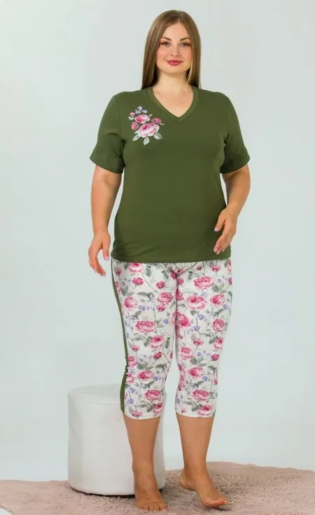Yeşil V Yaka Büyük Beden Kapri Pijama Takımı Lady 10644 - Yeşil