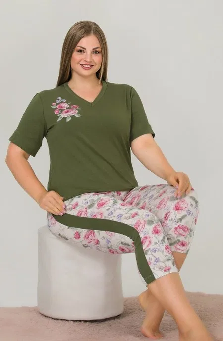 Yeşil V Yaka Büyük Beden Kapri Pijama Takımı Lady 10644 - Yeşil
