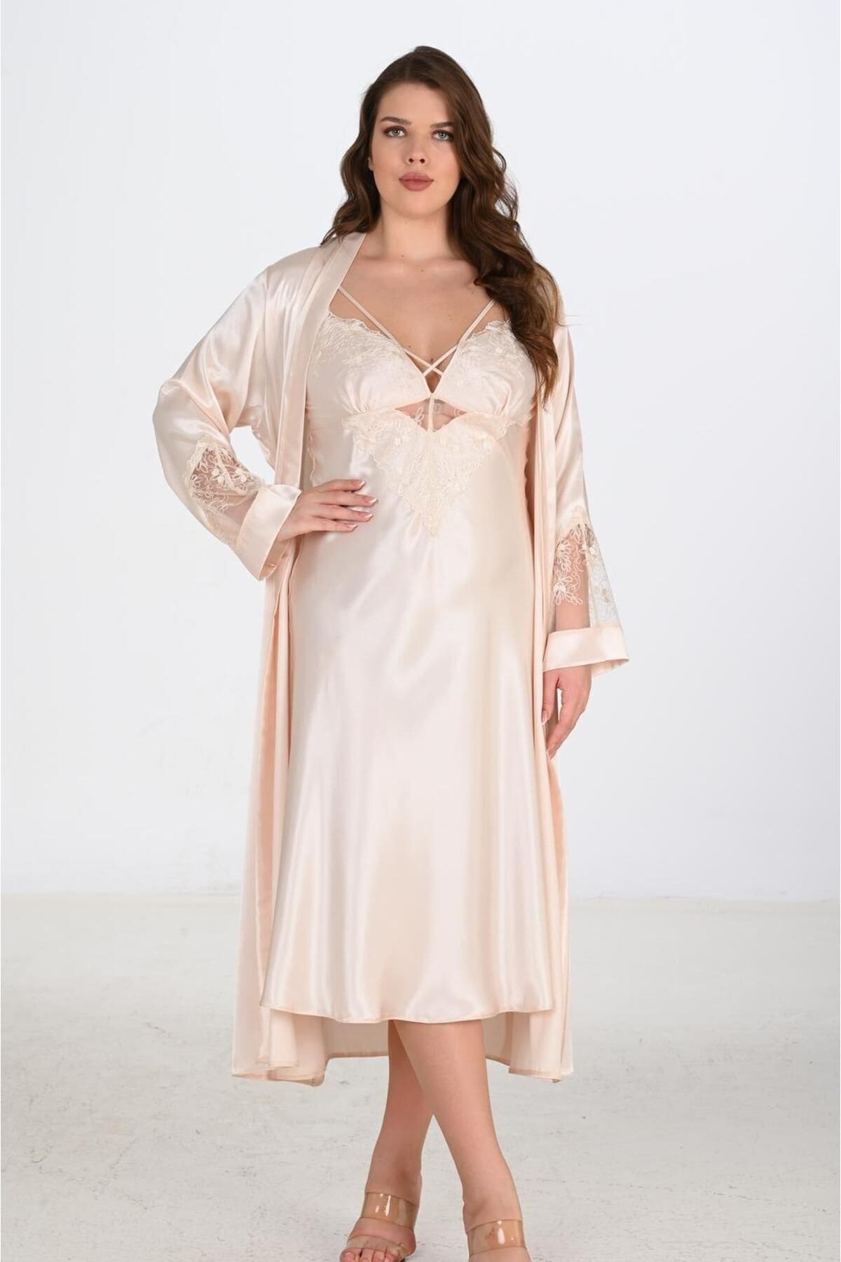 Büyük Beden Fildişi Gecelik Sabahlık Takımı Ahu 6222 - Bej