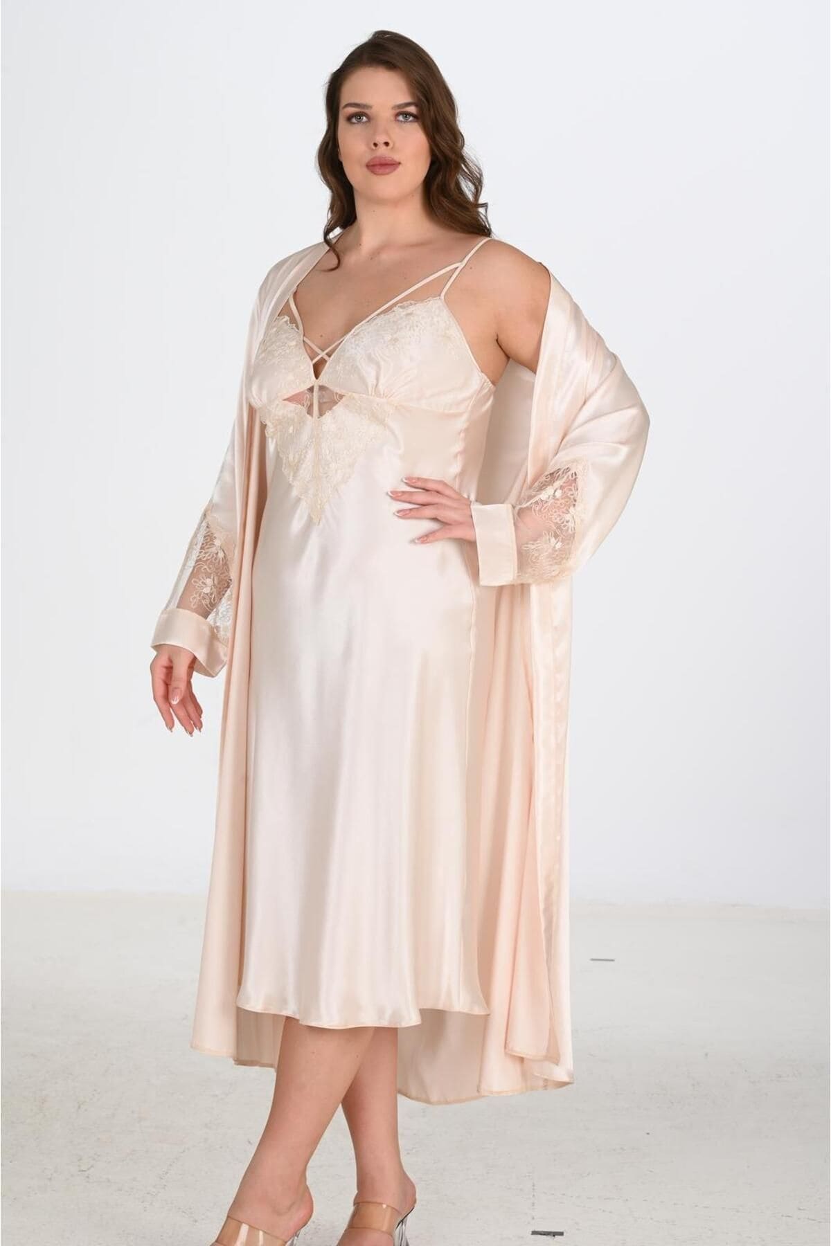 Büyük Beden Fildişi Gecelik Sabahlık Takımı Ahu 6222 - Bej