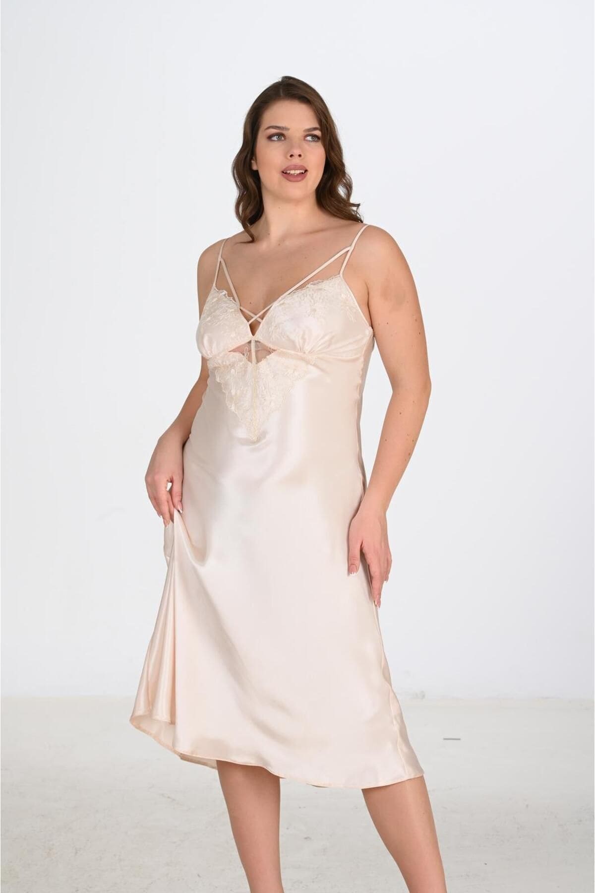 Büyük Beden Fildişi Gecelik Sabahlık Takımı Ahu 6222 - Bej