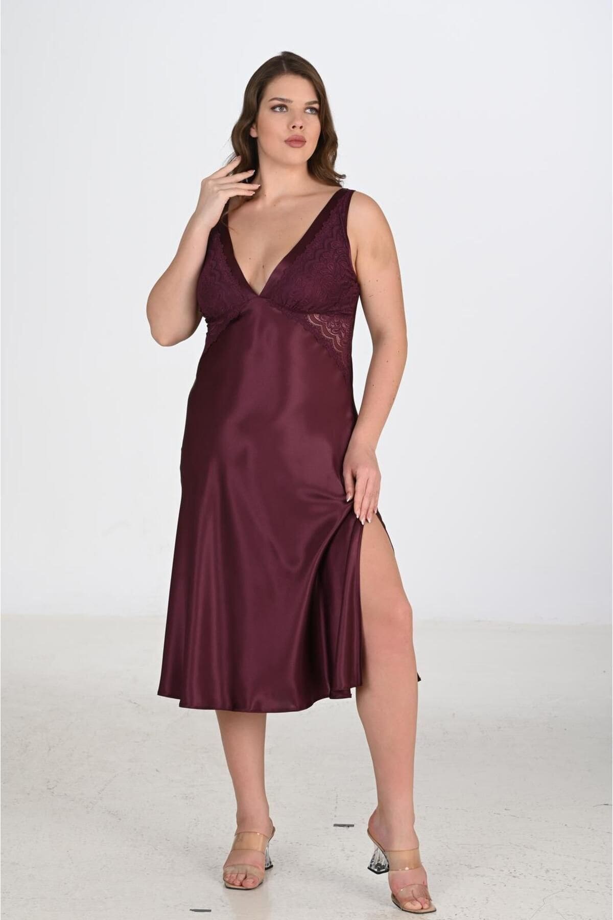 Büyük Beden Mürdüm Gecelik Sabahlık Takımı Ahu 6223 - Mor