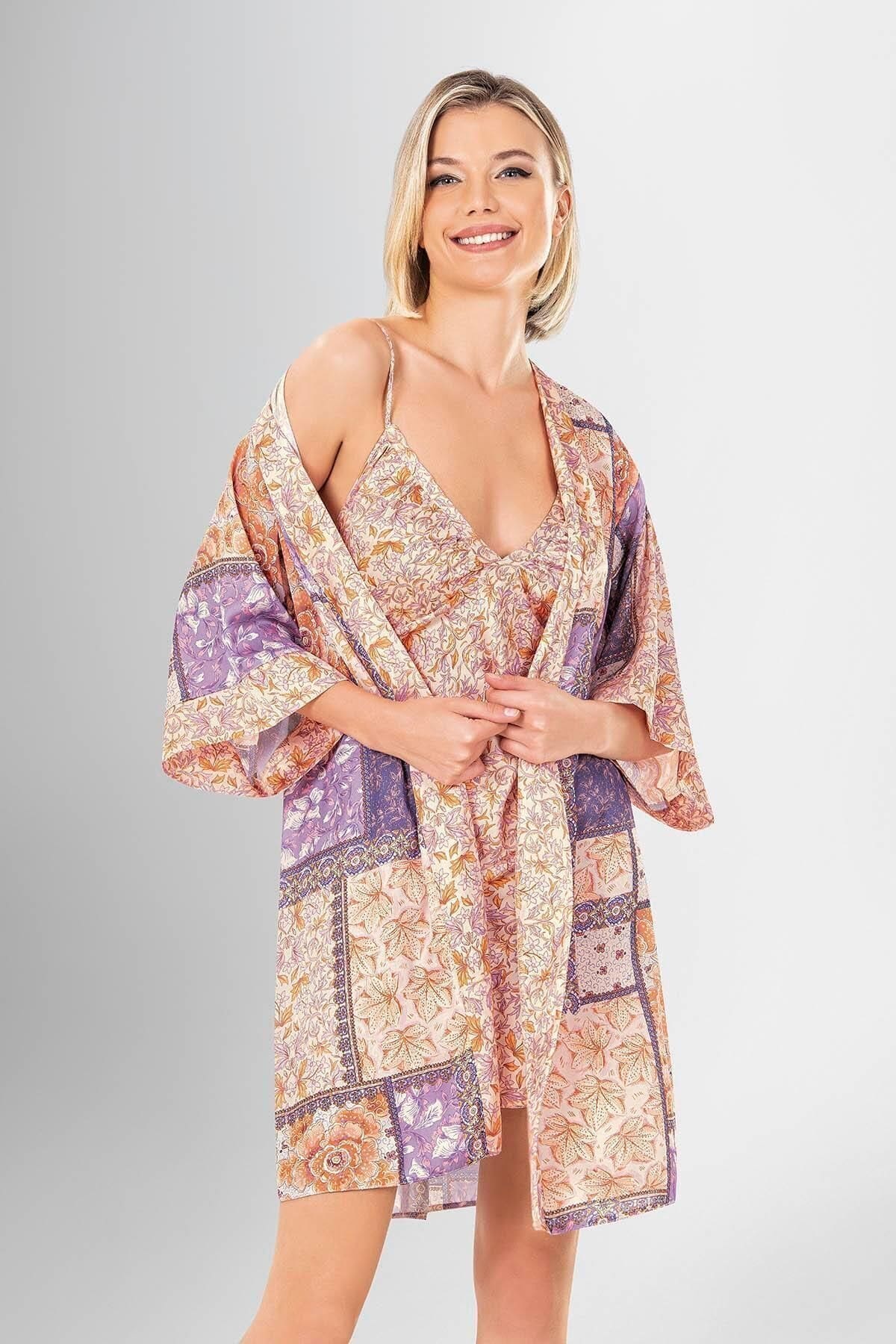 Etnik Desenli Kısa Sabahlık Gecelik Takımı Ahu 1948 - Turuncu