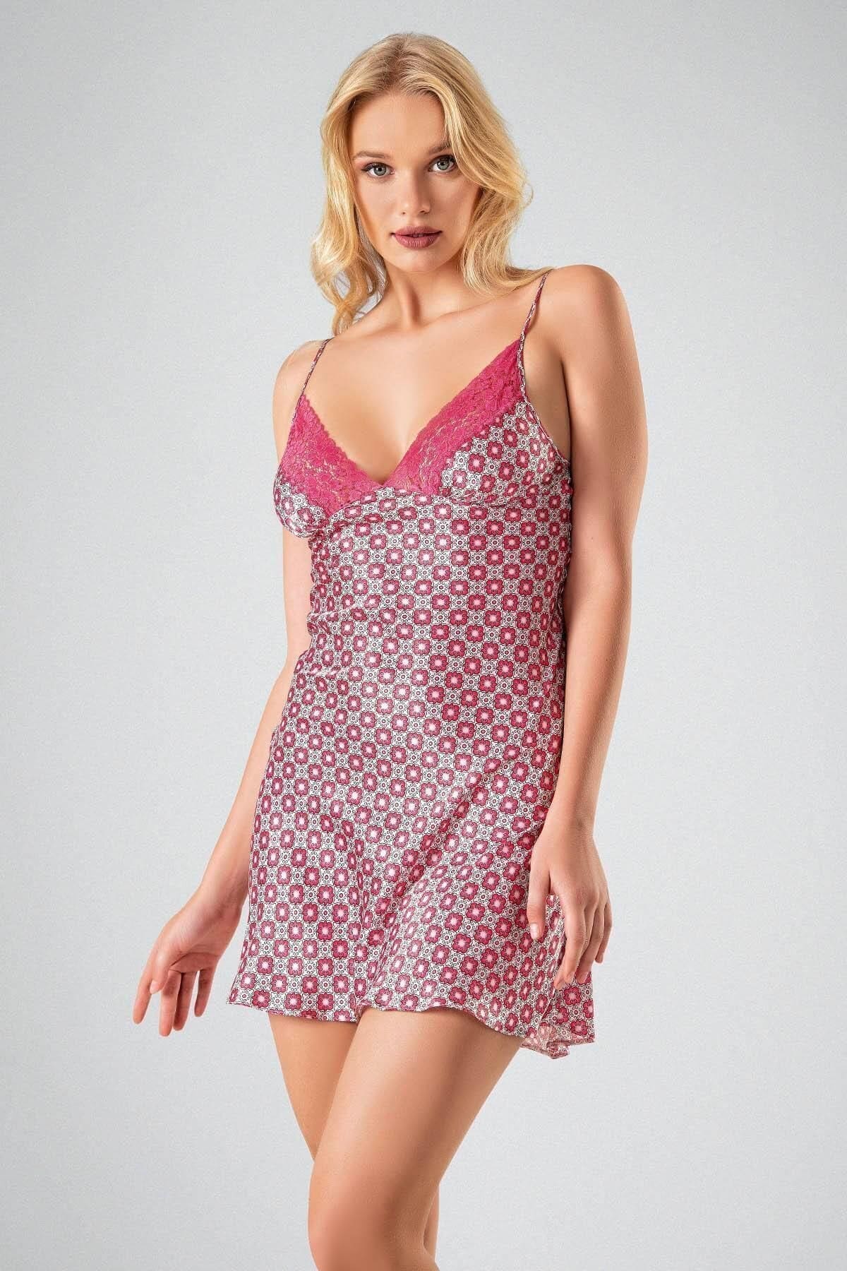 Leopar Desenli Polyester Kadın Gecelik Takım Ahu 7712 - Pembe