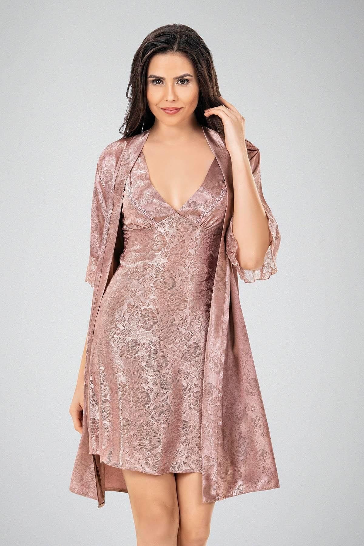 Yumuşak Doku ve Nefes Alabilir 2li Gecelik Sabahlık Ahu 7739 - Vizon