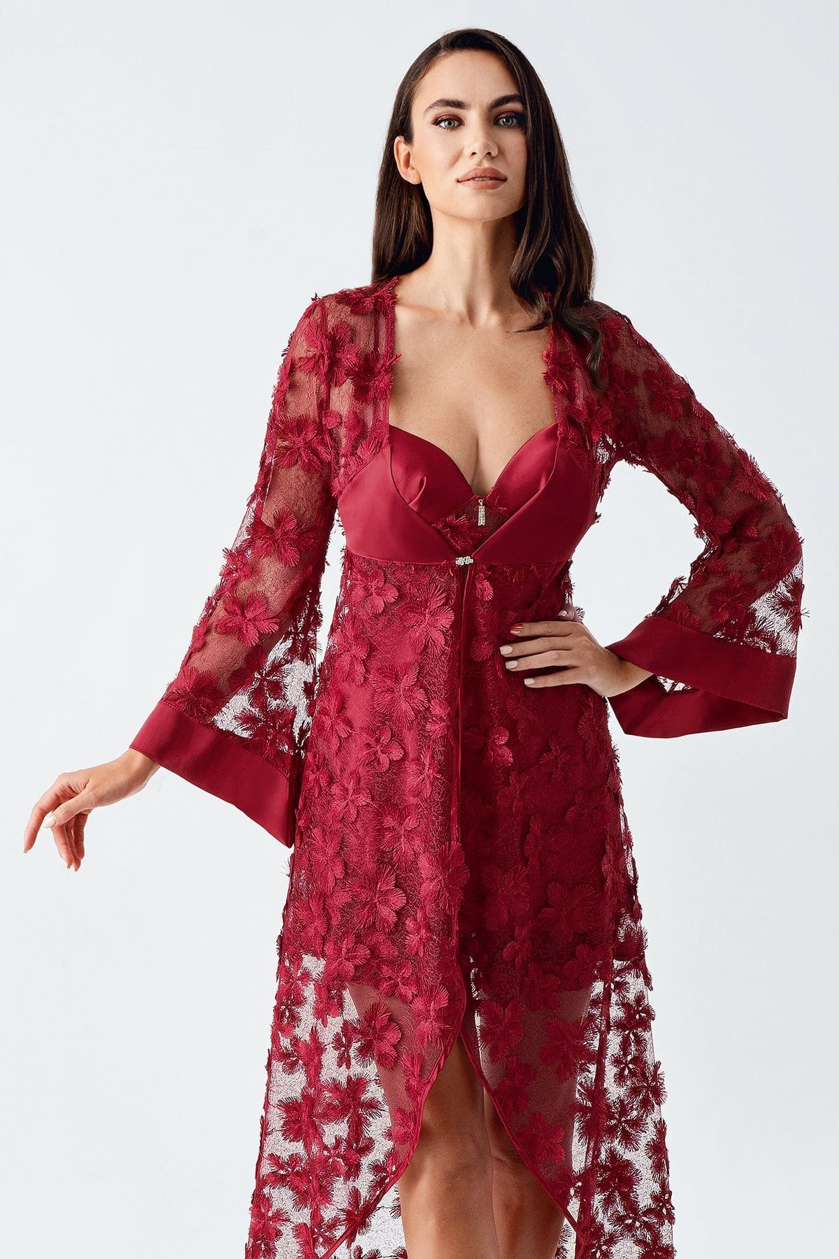 Çapraz Askılı Asimetrik Saten Gecelik Takımı Pembe İmaj 2410 - Bordo