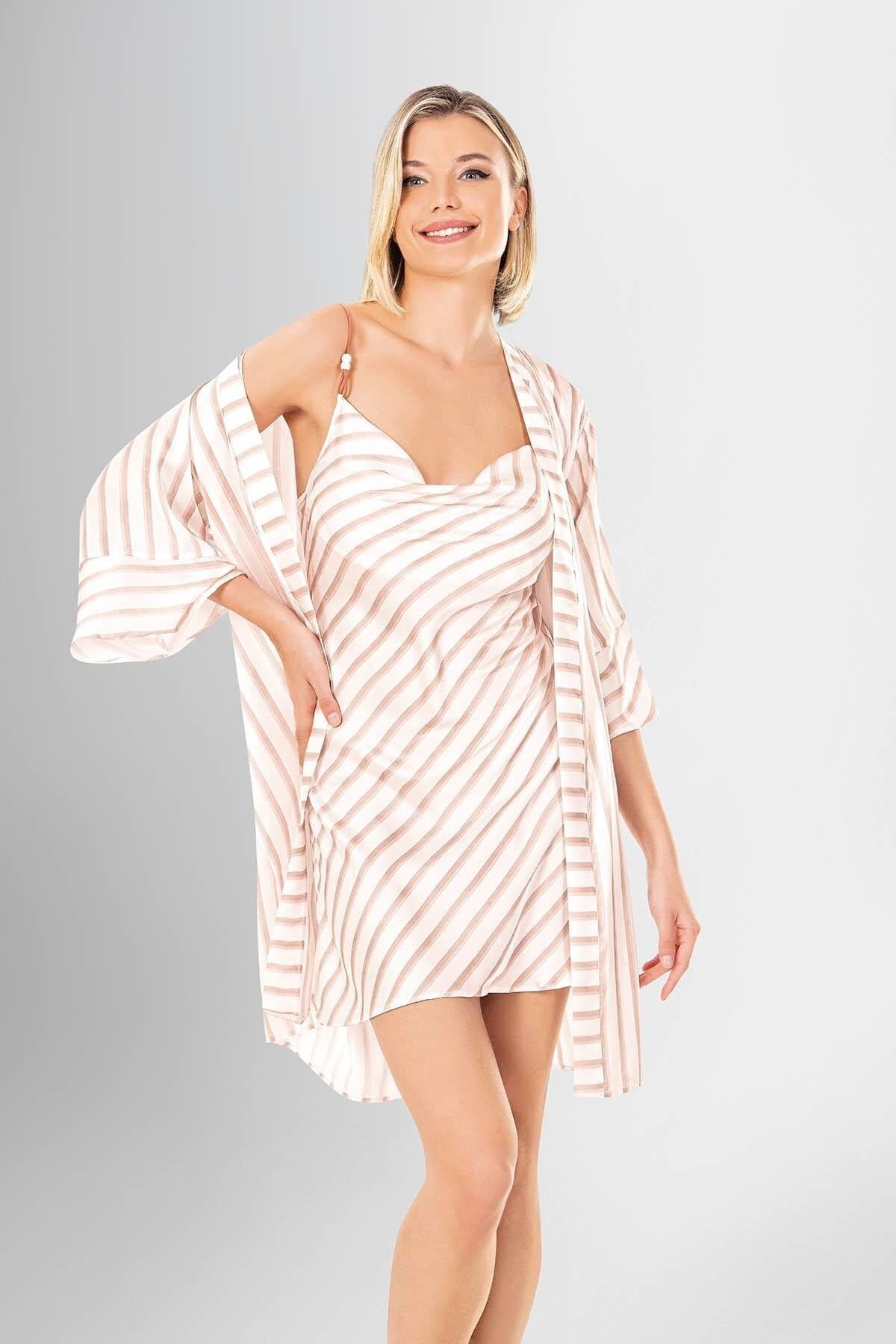 Desenli 2li Kısa Gecelik Sabahlık Takımı Ahu 1908 - Ekru