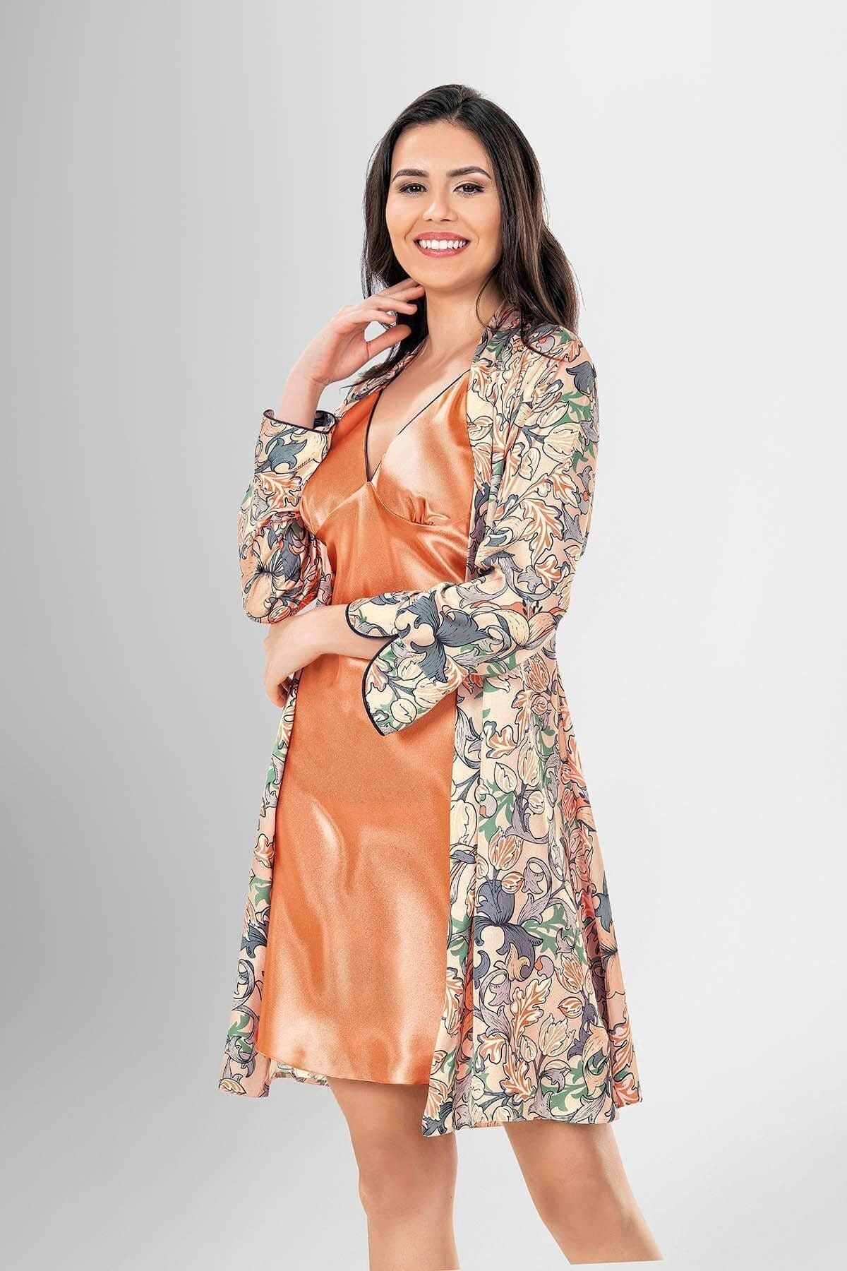 Saten Doku ve İnci Renkli Kadın Gecelik Takımı Ahu 1932 - Turuncu