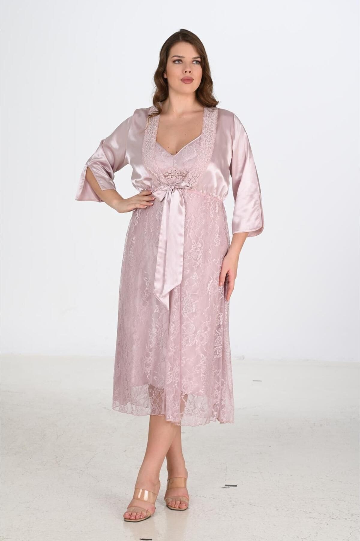 Uzun Gecelik Sabahlık Takımı Büyük Beden Ahu 6220 - Pudra