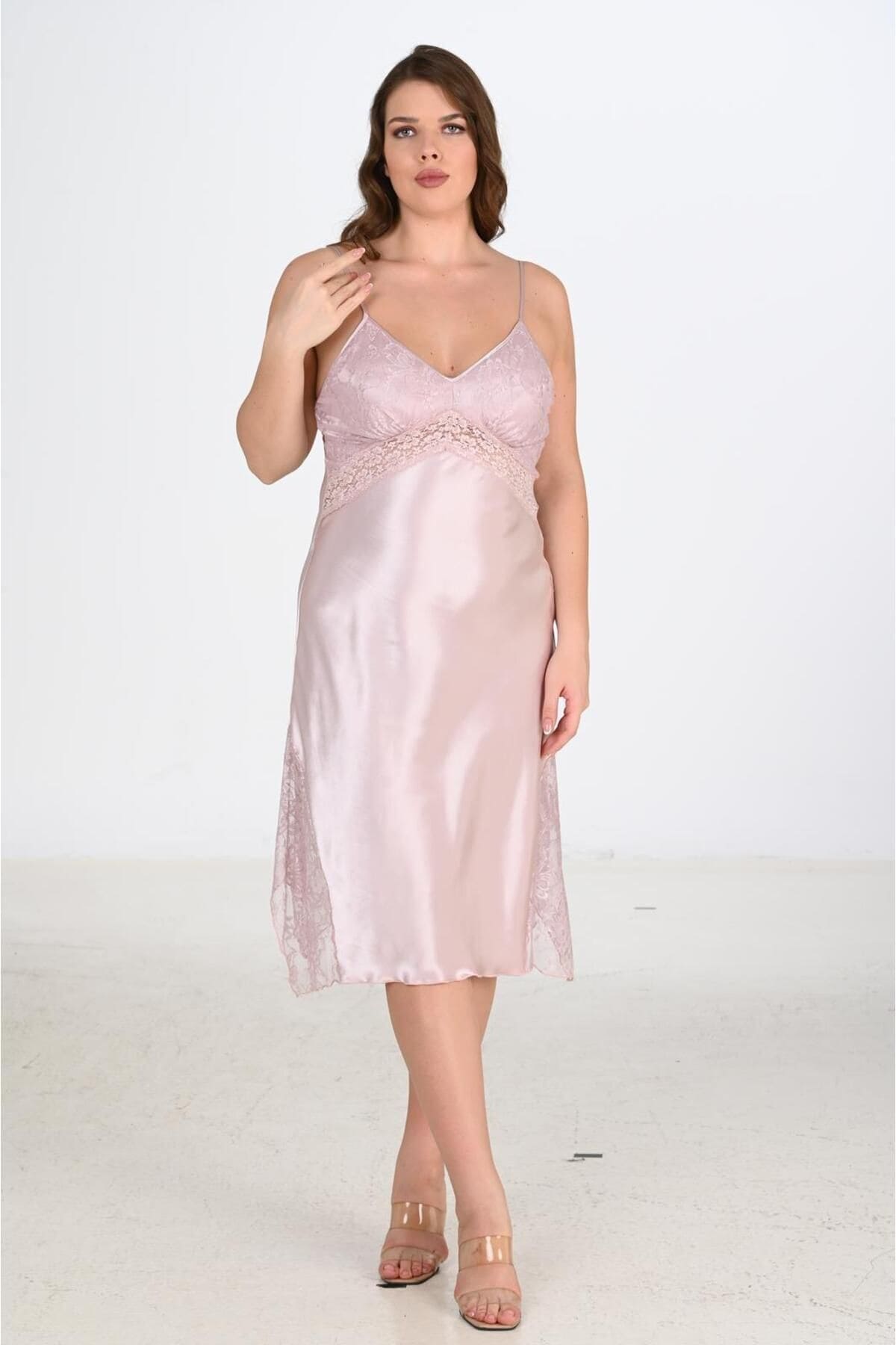 Uzun Gecelik Sabahlık Takımı Büyük Beden Ahu 6220 - Pudra