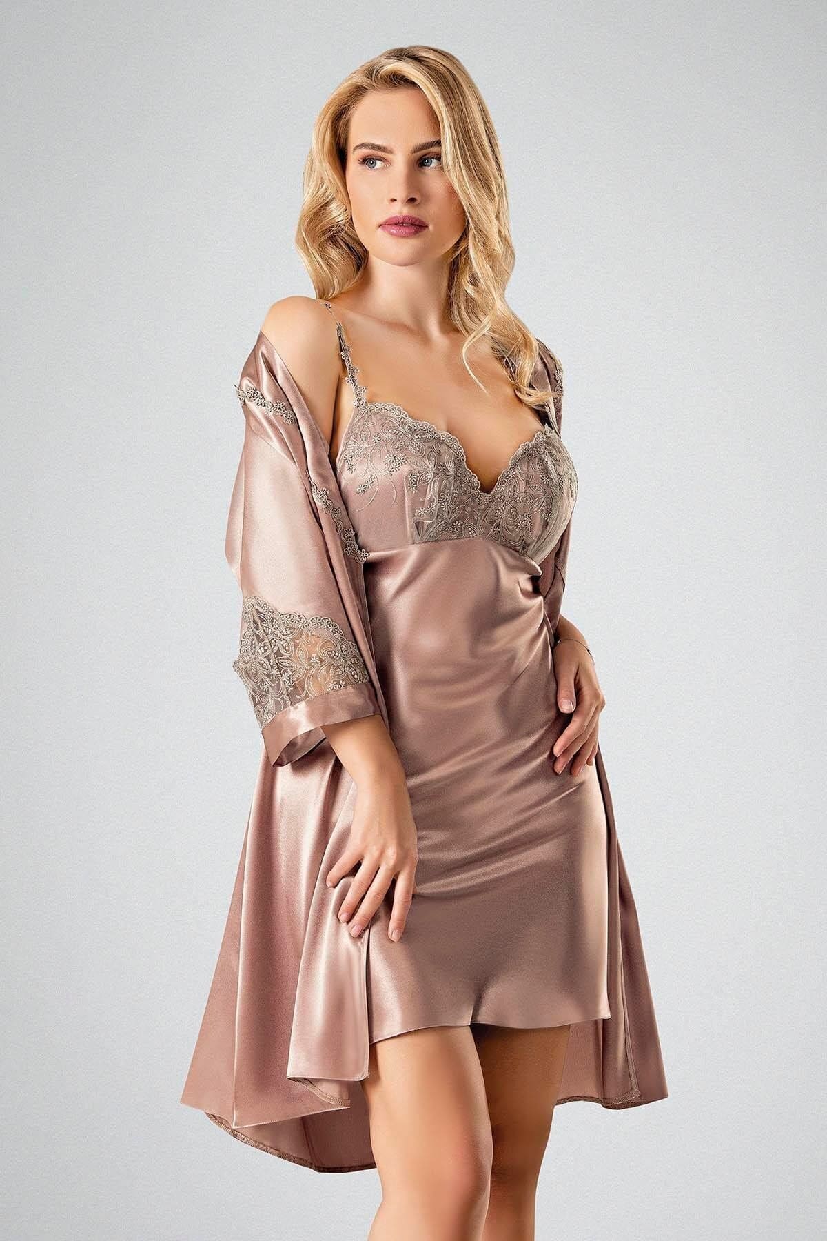 Dantelli Saten Gecelik Takım Vizon Ahu 7708 - Vizon