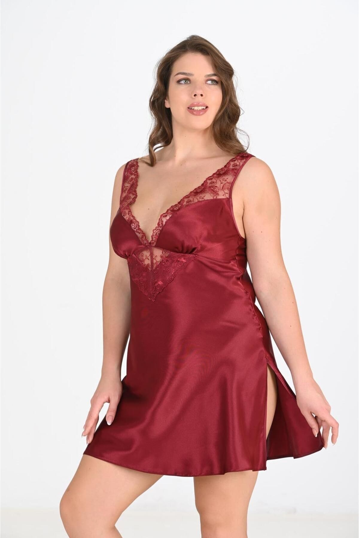 Saten Büyük Beden Bordo Gecelik Sabahlık Takımı Ahu 6209 - Bordo