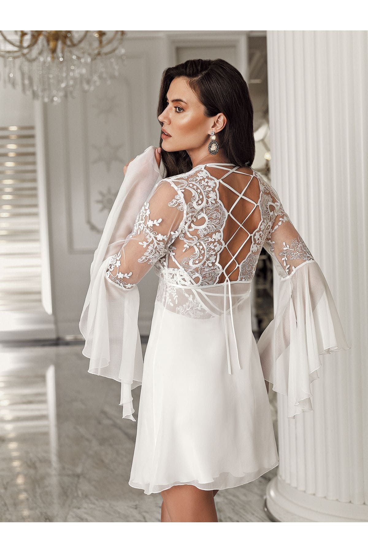 Saten Transparan Dantel Bağlama Detaylı Gecelik Takımı İmaj 3205 - Ekru