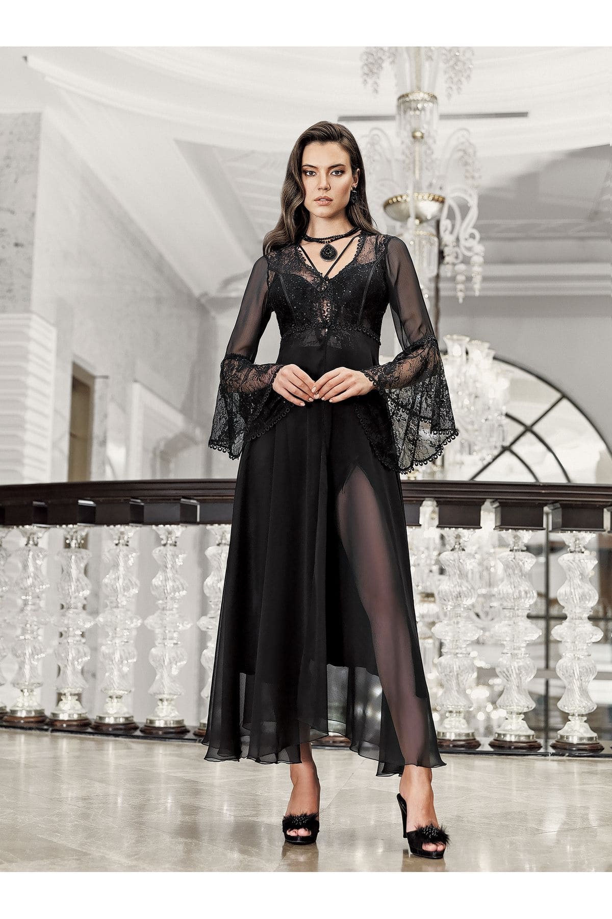 Siyah Saten Transparan Dantel Detaylı Gecelik Takımı İmaj 3202 - Siyah