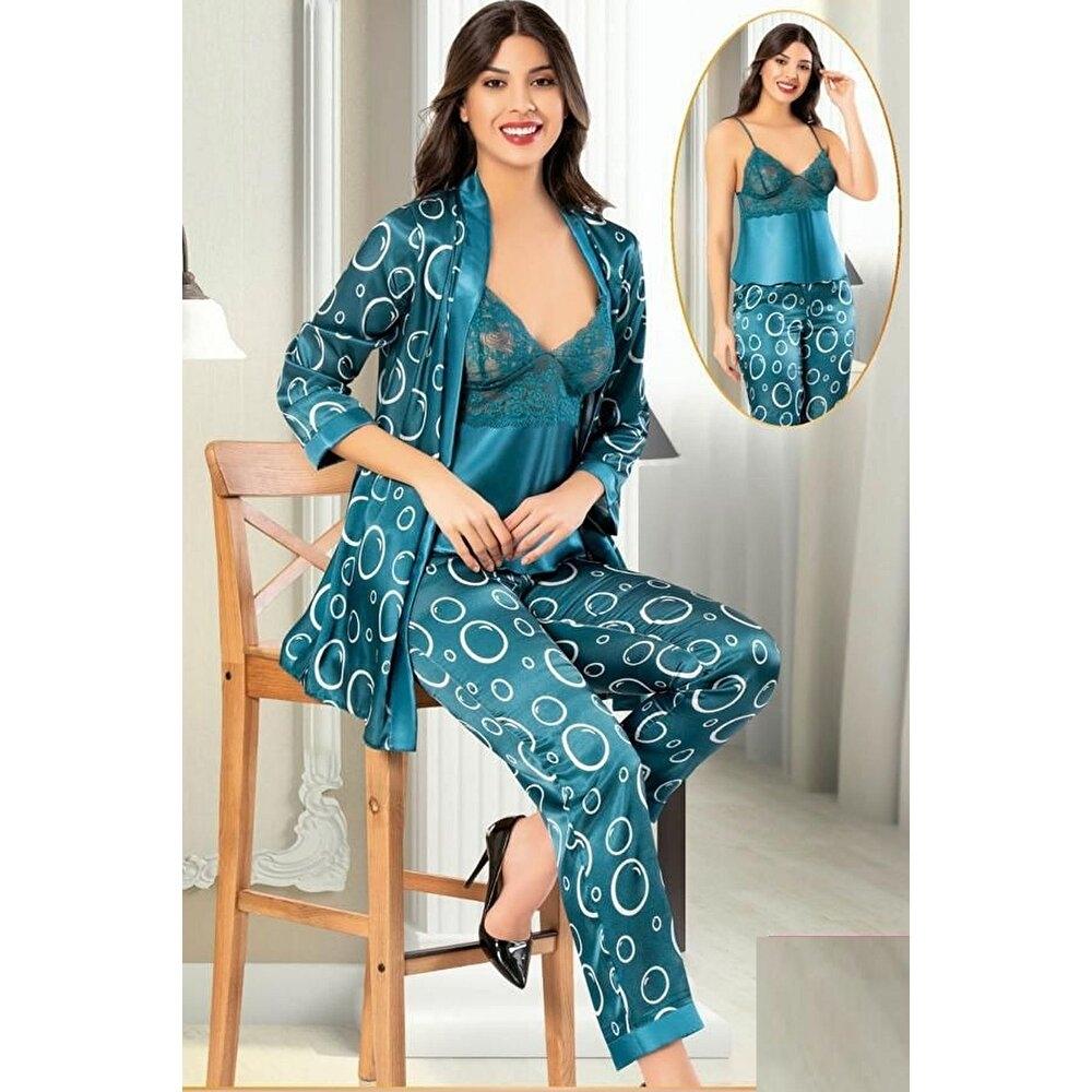 Dantelli Mavi Saten Sabahlık Pijama Çeyiz Seti XSES 2152 - Mavi