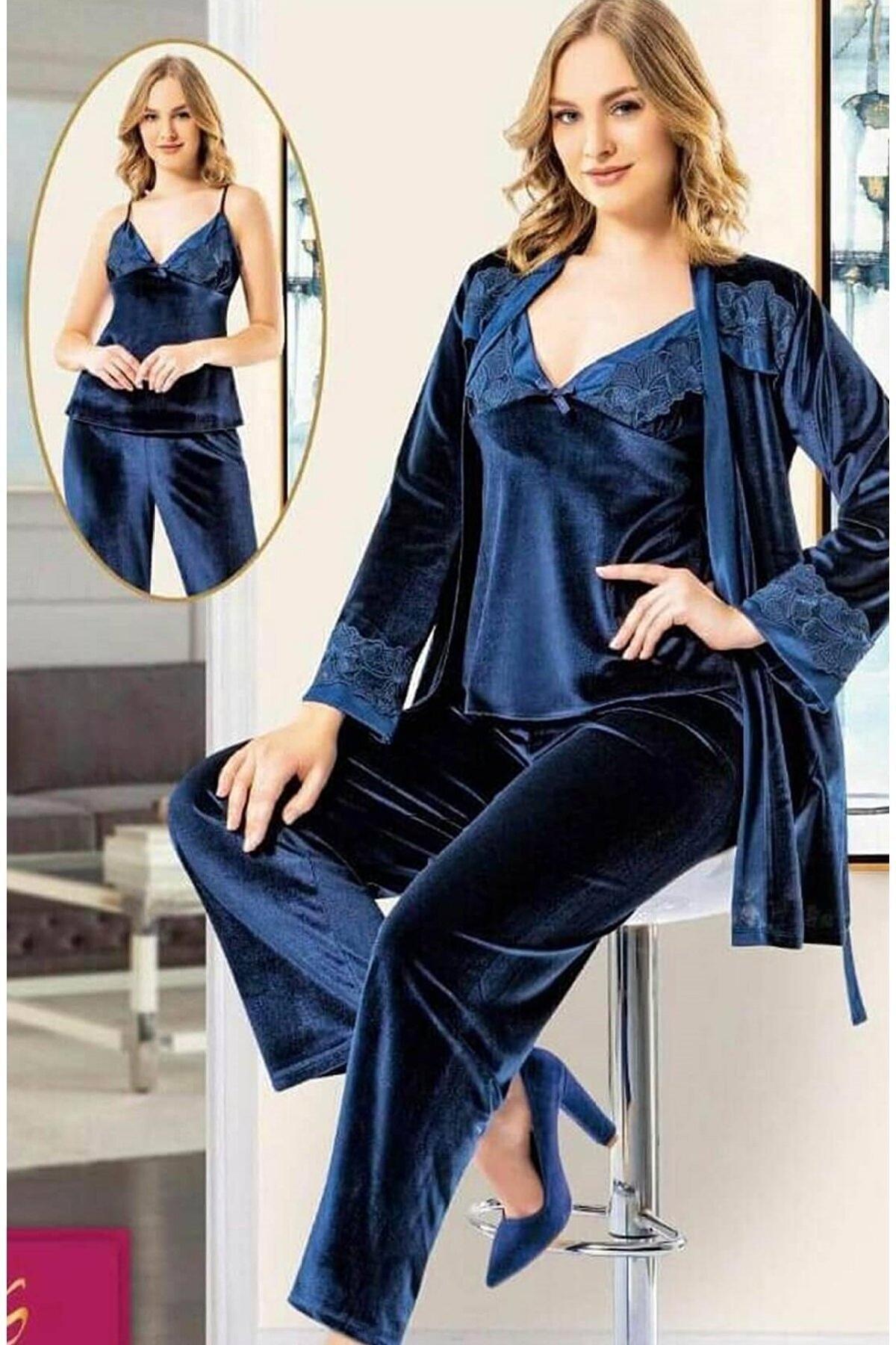 Kadife 3'lü Pijama Takımı XSES 5100 - Lacivert