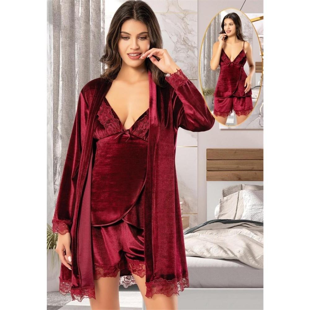 Dantelli Kadife Sabahlık Şortlu Takım Bordo XSES 5150 - Bordo