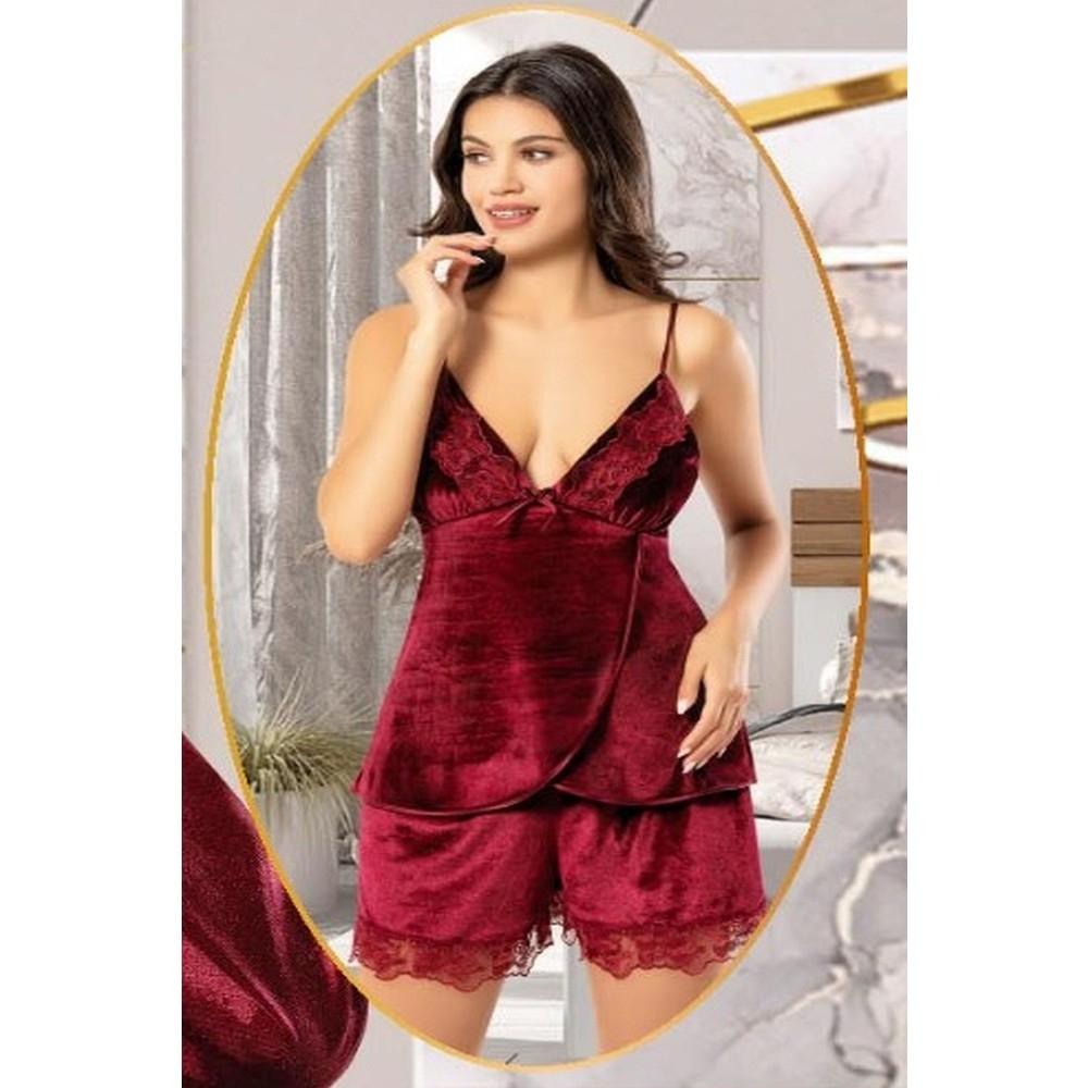 Dantelli Kadife Sabahlık Şortlu Takım Bordo XSES 5150 - Bordo