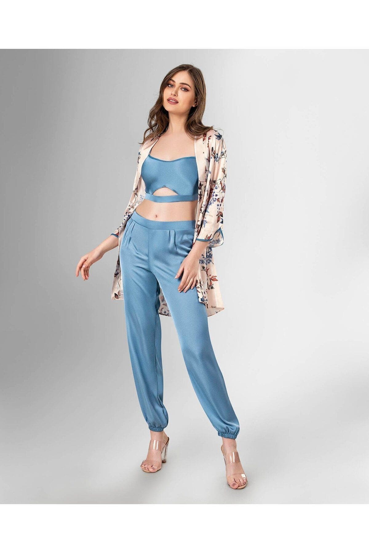 3'lü Mavi Büstiyerli Sabahlıklı Pijama Takımı Ahu 1825 - Mavi